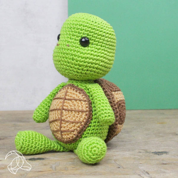 Crocheted turtle toy on a wooden surface with a green background
